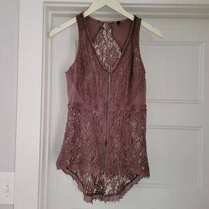 BKE Lace Floral Zip-Up Tank